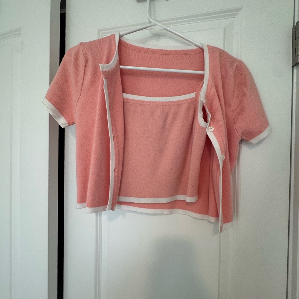 Pink Short Sleeve Cardigan and Tank Set